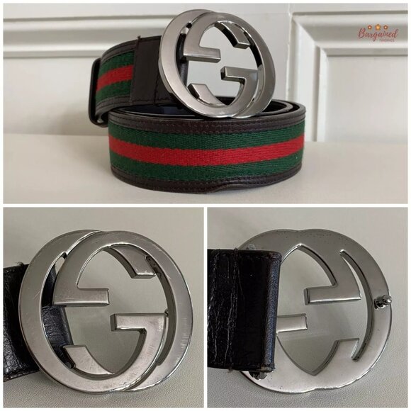 Authentic Gucci Web Green/Red Canvas Silver Interlocking G Buckle Belt 85/34 - Picture 2 of 12